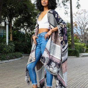 Boho Oriental Floral Design Long Kimono